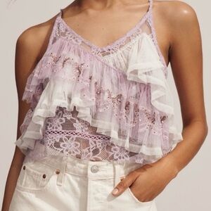🟠NWT FOREVER THAT GIRL by ANTHROPOLOGIE Ruffle and Lace Tank Top in Purple/White